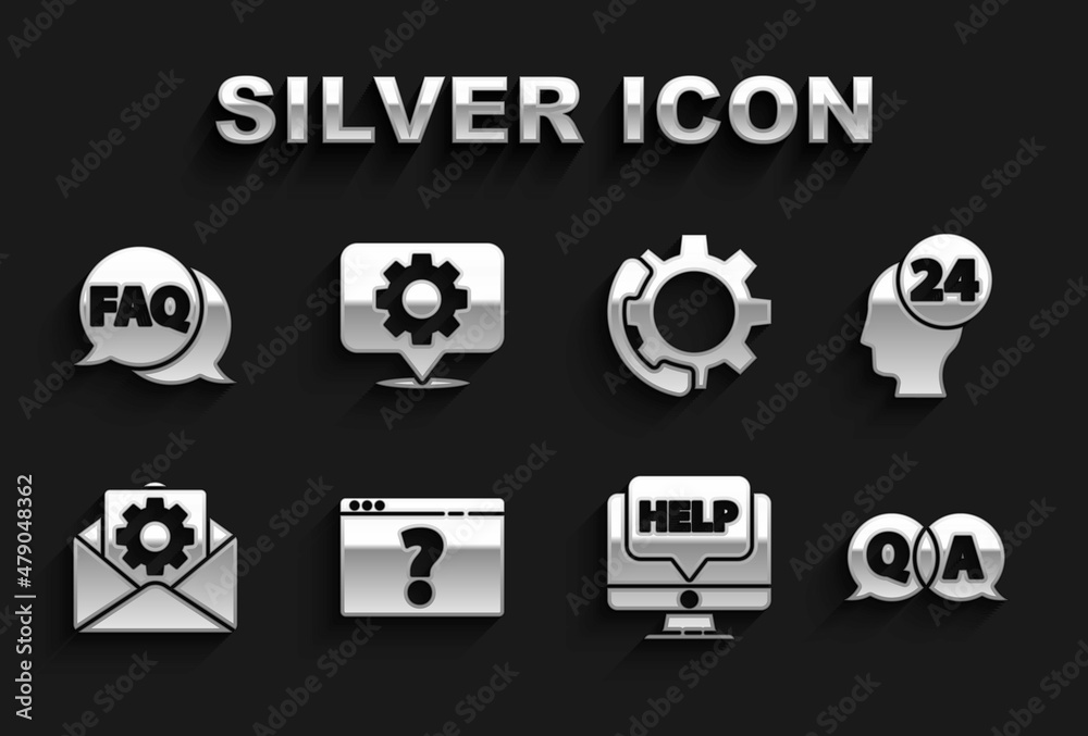 Set Browser with question mark, Support operator in touch, Question and Answer, Computer monitor help, Envelope setting, Telephone 24 hours support, Speech bubble FAQ and Location gear icon. Vector