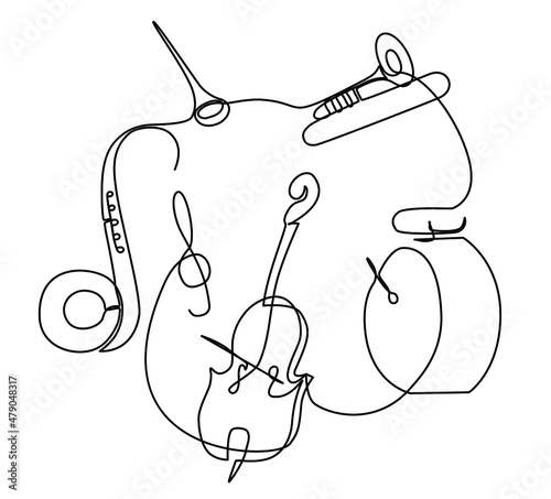 A set of musical instruments for the orchestra. Isolated illustration on a white background. Hand-drawn vector image. Violin, drum, trumpet, tuba, saxophone, clarinet, flute