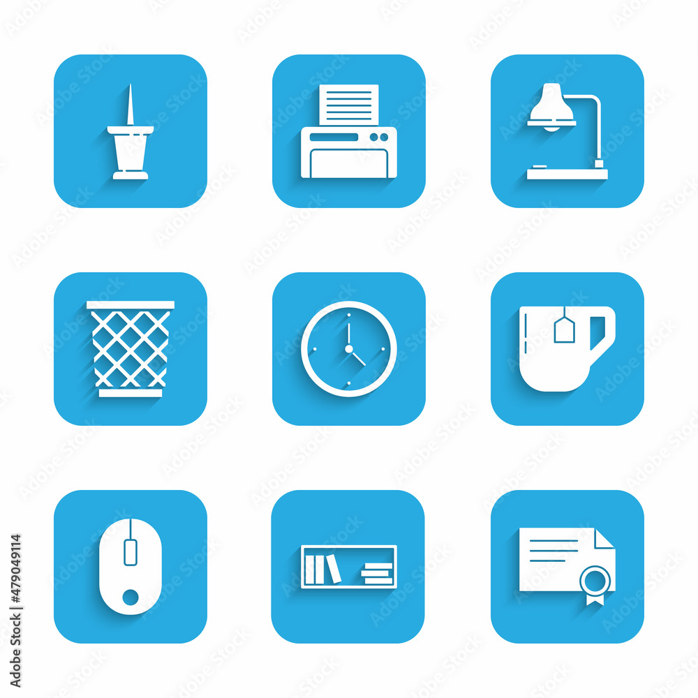 Set Clock, Shelf with books, Certificate template, Cup of tea tea bag, Computer mouse, Trash can, Table lamp and Push pin icon. Vector Set Clock, Shelf with books, Certificate template, Cup of tea tea bag, Computer mouse, Trash can, Table lamp and Push pin icon. Vector