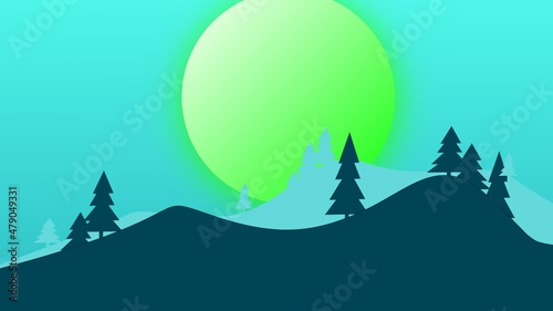 mountain and moon background with pine tree or spruce for desktop wallpaper and banner

