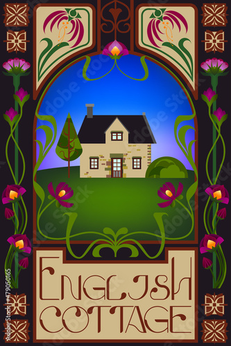 English cottage in Art Nouveau styled illustration. This art movement took different names on each country such as Arte nova in Portugal or Jugendstil in Germany. Suitable for Children's book cover