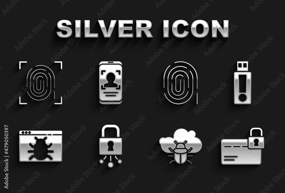 Set Cyber security, USB flash drive, Credit card with lock, System bug on cloud, Fingerprint, and Mobile and face recognition icon. Vector Set Cyber security, USB flash drive, Credit card with lock, System bug on cloud, Fingerprint, and Mobile and face recognition icon. Vector