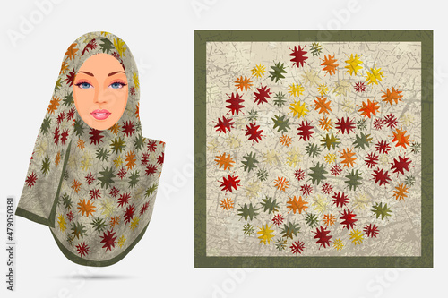 Colorize abstract rounded pattern hijab design with illustration model, Scarf fabric texture