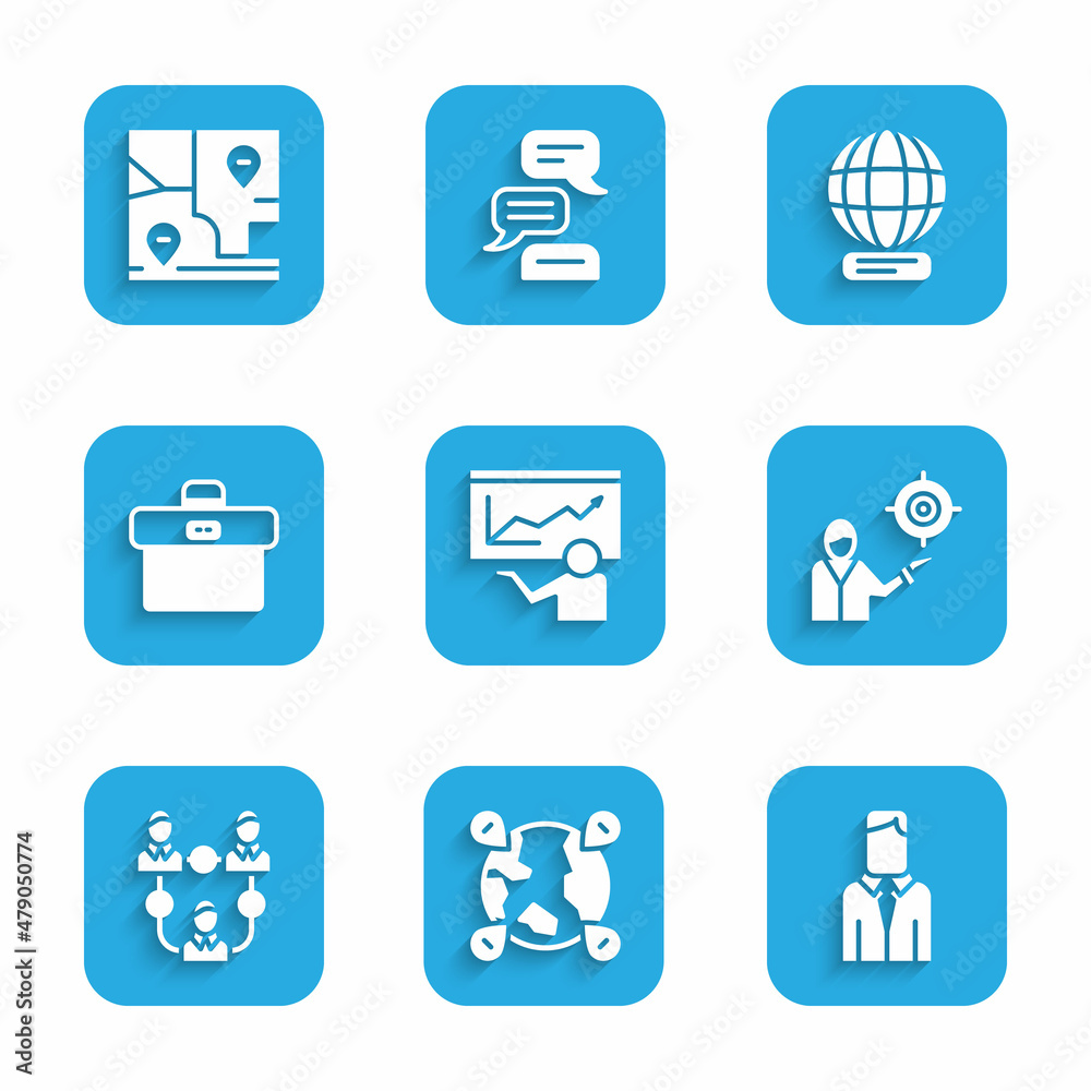 Set Training, presentation, Location the globe, Worker, Marketing target strategy, Project team base, Briefcase, Worldwide and Folded map with location icon. Vector Set Training, presentation, Location the globe, Worker, Marketing target strategy, Project team base, Briefcase, Worldwide and Folded map with location icon. Vector
