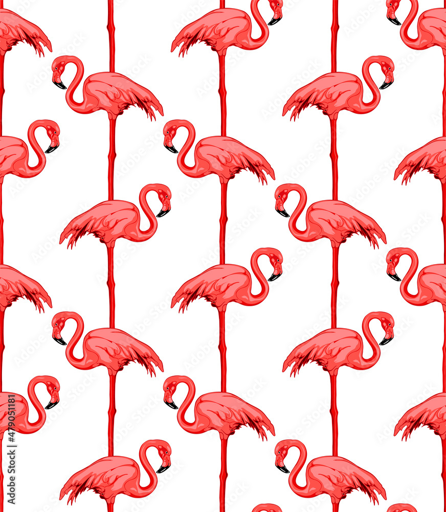 Obraz premium Vector seamless pattern of pink flamingos one over the other on white background. Hand drawn illustration.