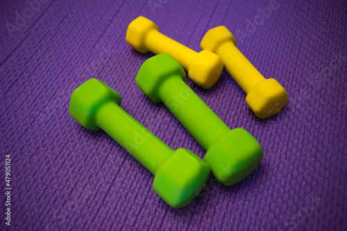 Dumbbells for sports on a soft mat in the gym.