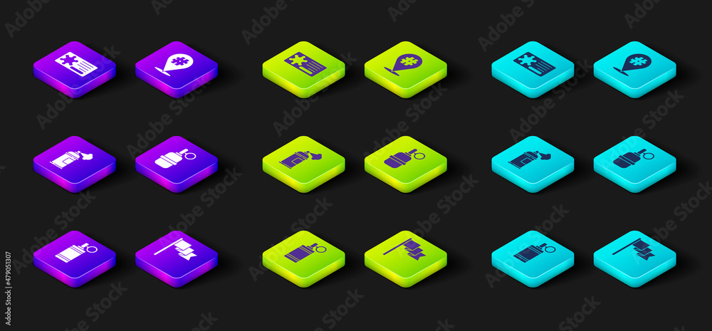 Set Hand grenade, Location marker, Paint spray can, Protest and Police badge icon. Vector Set Hand grenade, Location marker, Paint spray can, Protest and Police badge icon. Vector