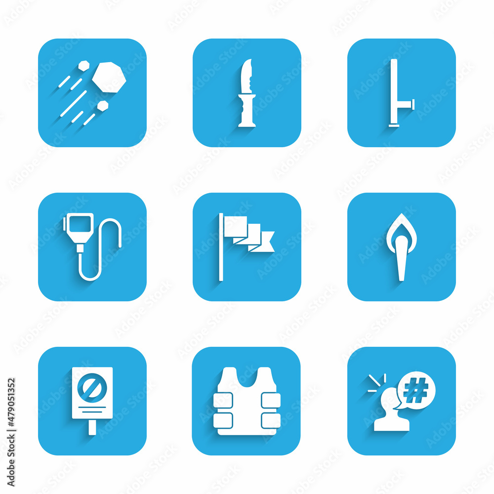 Set Location marker, Bulletproof vest, Protest, Torch flame, Walkie talkie, Police rubber baton and Flying stone icon. Vector