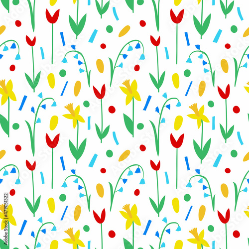 Spring floral seamless pattern. Daffodils, tulips, lilies of the valley. Primroses. Design of fabric, wrapping paper.