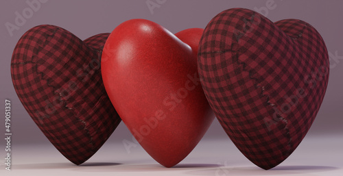 Hearts with different textures for the day of love and friendship also called valentine's day. 3D illustration render