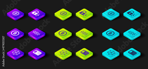 Set Blockchain technology, Bitcoin browser, circuit, Lock with bitcoin and CPU mining farm icon. Vector