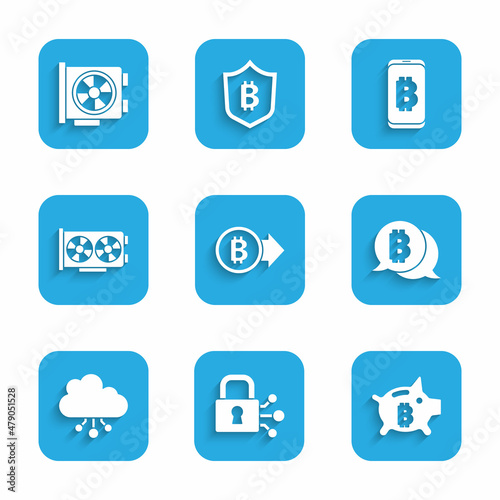 Set Bitcoin, Lock with bitcoin, Piggy bank, Cryptocurrency cloud mining, Video graphic card, Mining from mobile and icon. Vector