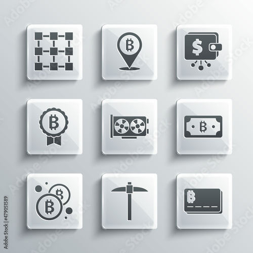 Set Pickaxe, Credit card with bitcoin, Cryptocurrency, Video graphic, Bitcoin, Blockchain technology and wallet icon. Vector