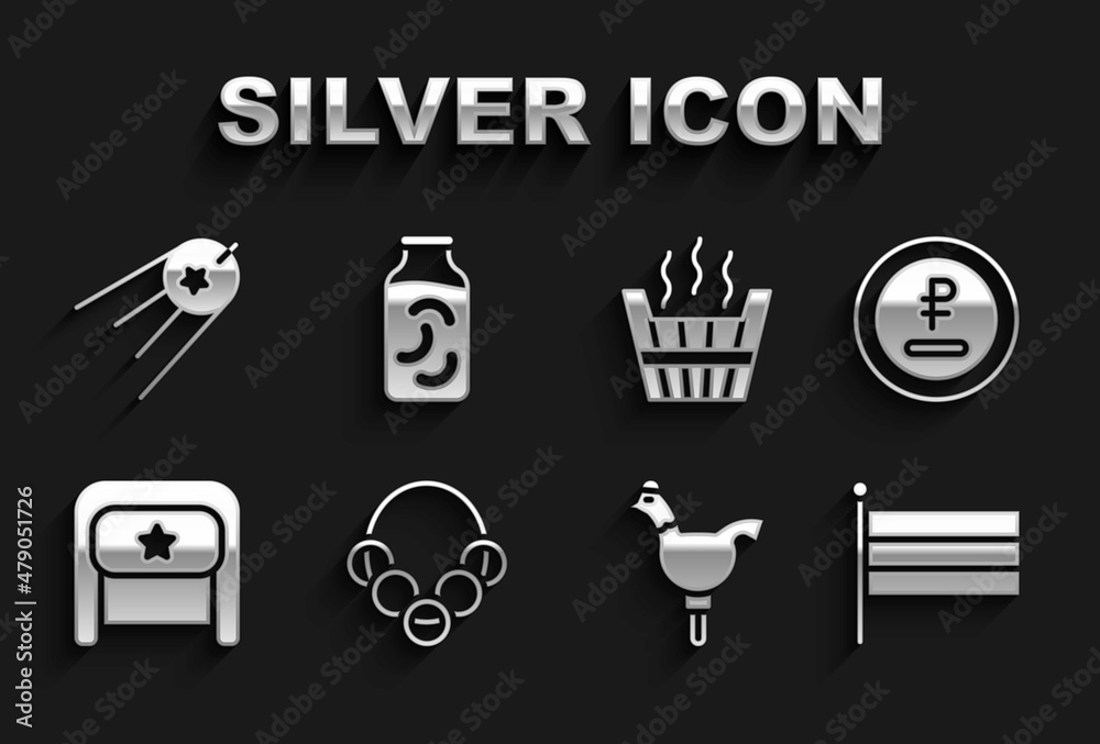 Set Russian bagels, Rouble, ruble currency, National flag, Cockerel lollipop, Ushanka, Sauna bucket, Satellite and Pickled cucumbers in jar icon. Vector Set Russian bagels, Rouble, ruble currency, National flag, Cockerel lollipop, Ushanka, Sauna bucket, Satellite and Pickled cucumbers in jar icon. Vector