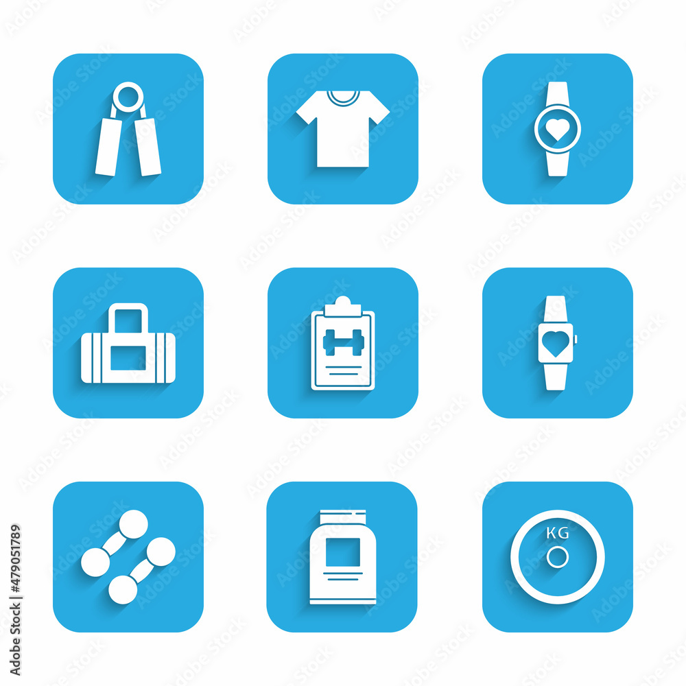 Set Sport training program, Sports nutrition, Weight plate, Smartwatch, Dumbbell, bag, and expander icon. Vector Set Sport training program, Sports nutrition, Weight plate, Smartwatch, Dumbbell, bag, and expander icon. Vector
