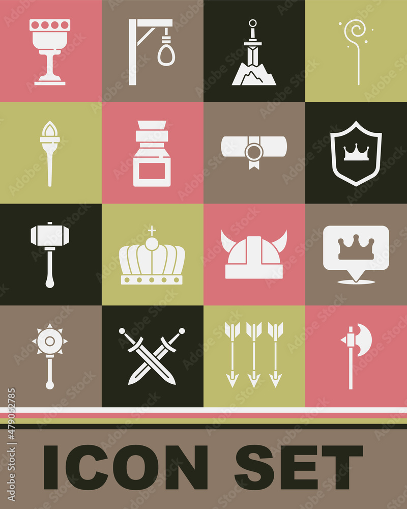 Set Medieval axe, Location king crown, Shield with, Sword the stone, Poison bottle, Torch flame, goblet and Decree, parchment, scroll icon. Vector Set Medieval axe, Location king crown, Shield with, Sword the stone, Poison bottle, Torch flame, goblet and Decree, parchment, scroll icon. Vector