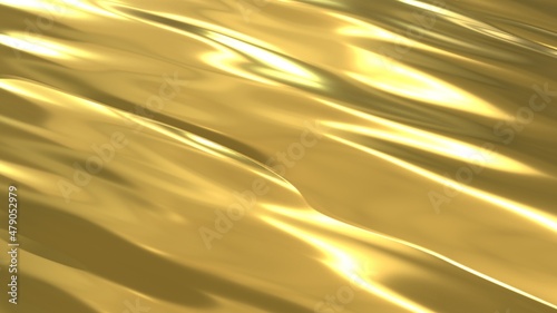 A stream of liquid gold. Yellow background with a golden flowing river. 3D image with golden texture with waves.

