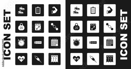 Set Bodybuilder muscle, Calendar fitness, Kettlebell, Sport sneakers, Dumbbell, training program, and Stopwatch icon. Vector