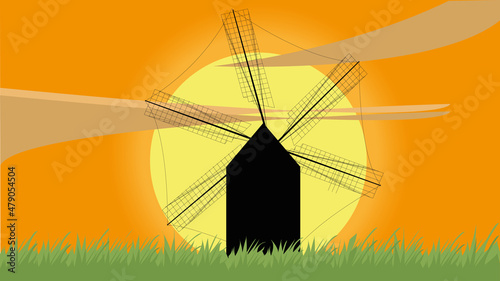 Illustration of an old windmill typical of Europe. Mill silhouette at sunrise or sunset.