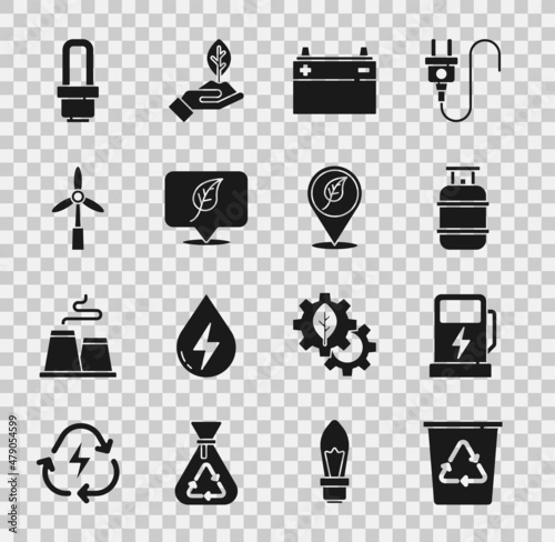 Set Recycle bin with recycle, Electric car charging station, Propane gas tank, Car battery, Location leaf, Wind turbine, LED light bulb and icon. Vector