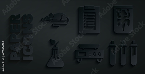 Set Electronic scales, Experimental animal, Plant breeding, Reagent bottle, Clinical record and mouse icon. Vector