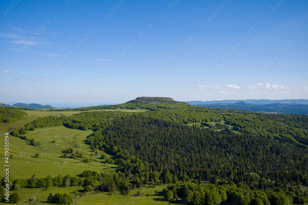 The green forest and the Ardeche countryside in Europe, France, Ardeche, in summer, on a sunny day.