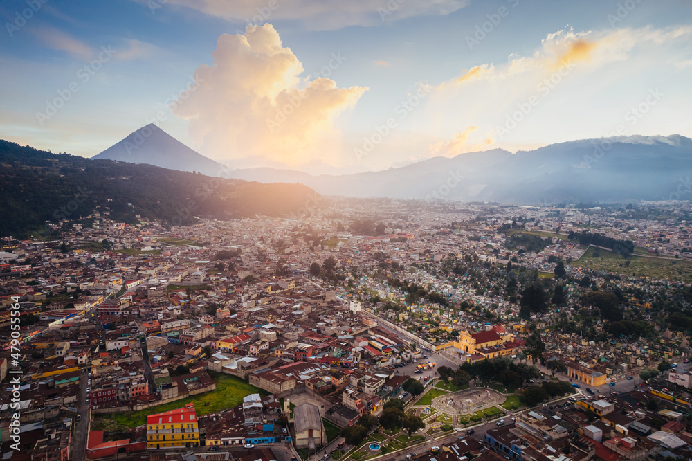 Xela Quetzaltenango, Guatemala During Golden Hour Sunset with Volcano