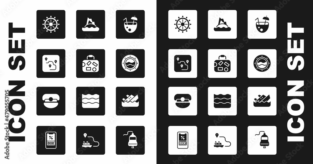Set Coconut cocktail, Suitcase, Route location, Ship steering wheel, porthole with seascape, Tropical island ocean, Sinking cruise ship and Captain hat icon. Vector Set Coconut cocktail, Suitcase, Route location, Ship steering wheel, porthole with seascape, Tropical island ocean, Sinking cruise ship and Captain hat icon. Vector