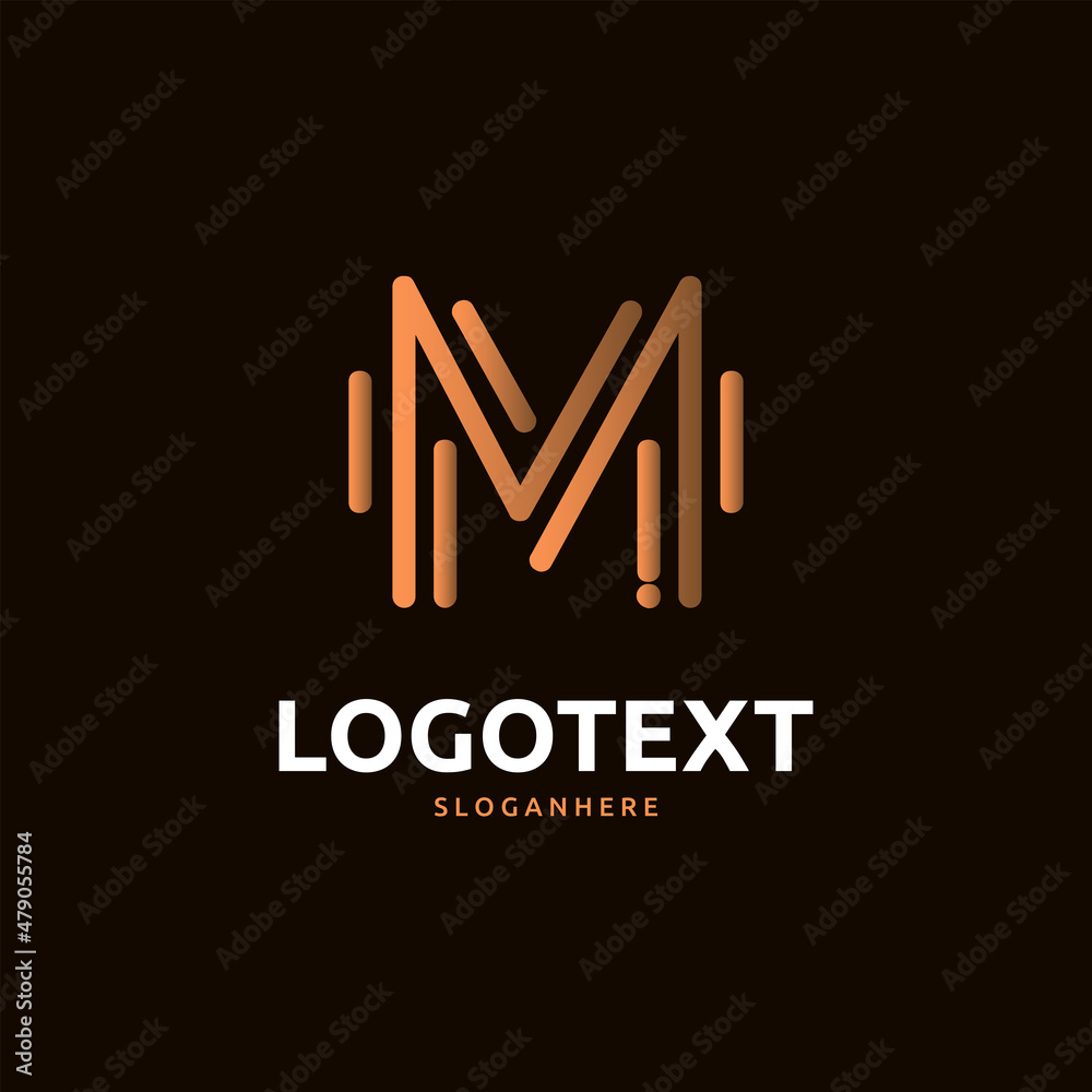 M letter golden logo abstract design on dark color background. M alphabet logo