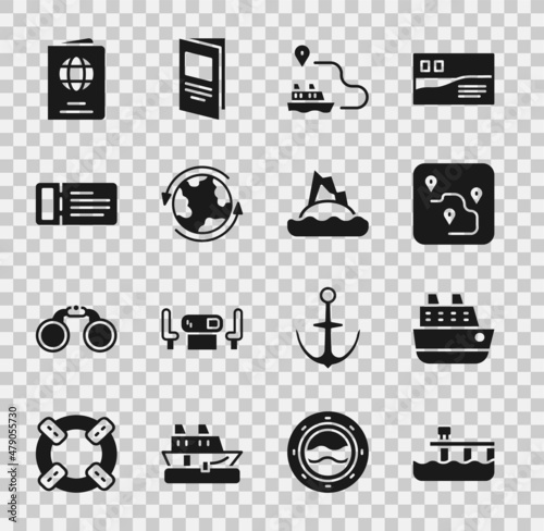 Set Beach pier dock, Cruise ship, Route location, Ship line path, Worldwide, ticket, Passport and Tropical island ocean icon. Vector
