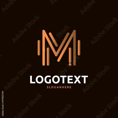 M letter golden logo abstract design on dark color background. M alphabet logo