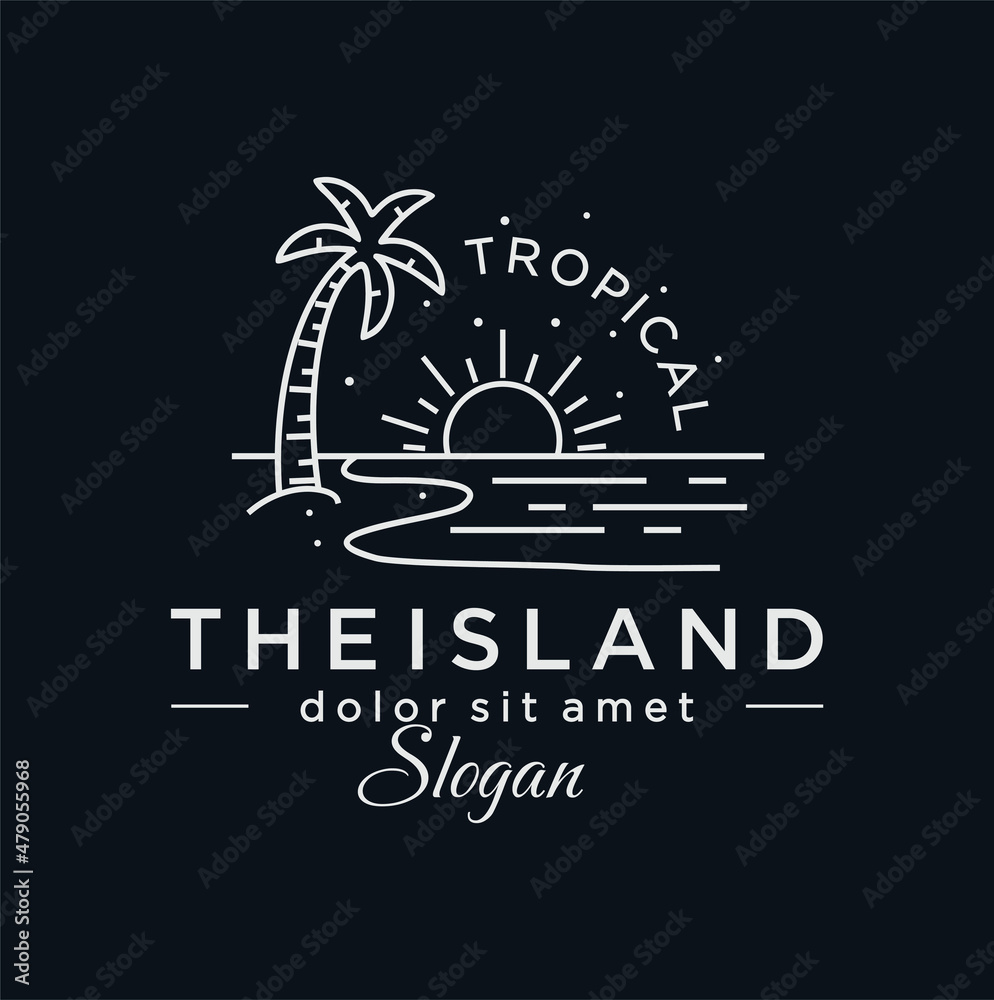 Minimalist palm sunset sunrise beach logo design Line art icon vector ...