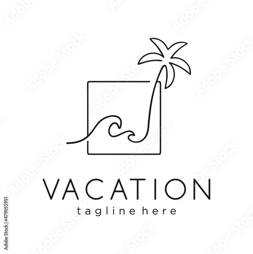 Minimalist palm sunset sunrise beach logo design Line art icon vector illustration. beach waves on tropical islands, beach line art style coconut design Graphic inspiration creative tatto © blueberry 99d