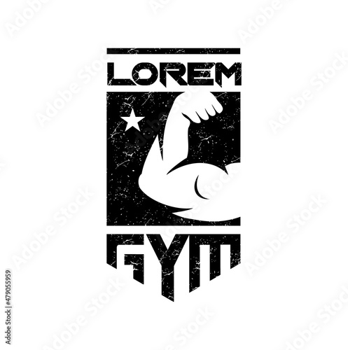 Fitness gym logo with bodybuilding strong athlete and barbell Vector template. Fitness Logo Template Badge Shield Frame Muscle Silhouette Gym Training Vector Icon 