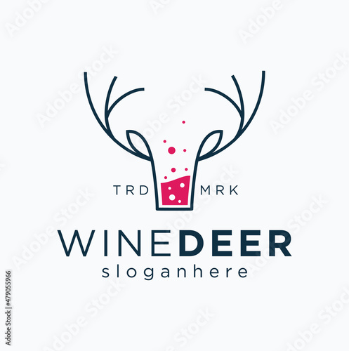 Wine head Deer logo line art monoline design. Beer Emblem With Deer horn logo with glass Vector Label Stock Illustration.