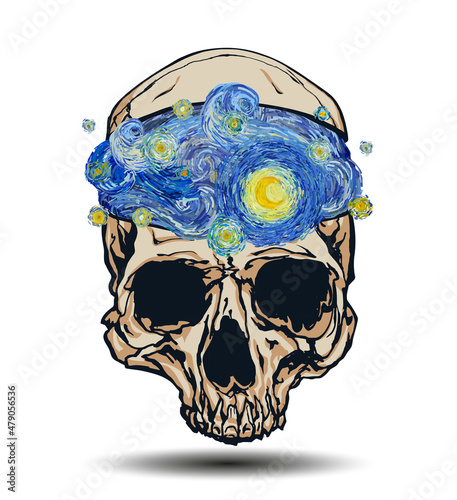 Vászonkép Skull with opened skullcap with inside a starry sky with glowing yellow moon isolated on white background