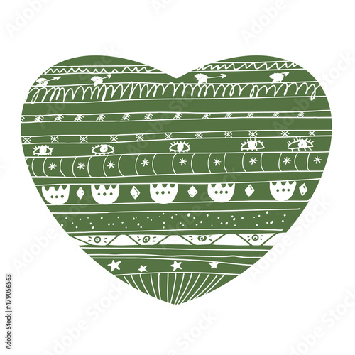 Decorative hugge  hygge abstract heart in dark green color, hand-painted pattern, Scandinavian, suitable for decorating designs for Valentine's Day, Christmas, birthday, wedding, declaration of love.