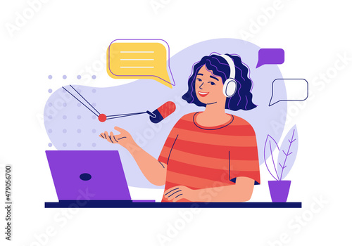 Young woman with headphones is hosting a podcast in live streaming in studio. Concept of online audio recording of a vlog, broadcast, lecture. Girl with computer and mic. Flat vector illustration.