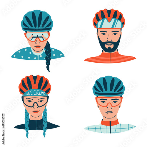 Portrait of young women and men wearing bicycle helmets and sports goggles.  Avatars of a cyclist in uniform  in flat line style. Isolated vector illustration