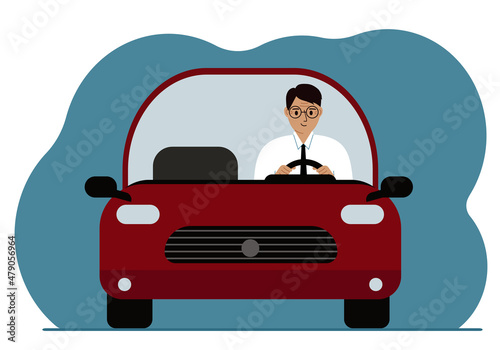 Male businessman driving a red car. Front view. Vector flat illustration