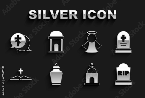 Set Funeral urn, Grave with tombstone, Tombstone RIP written, Old crypt, Holy bible book, Angel, cross and icon. Vector