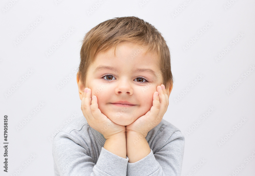 Handsome little boy in cardigan and shirt isolated on grey background Handsome little boy in cardigan and shirt isolated on grey background