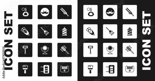 Set Curling iron, Mop, Electric razor blade, Aftershave, Barber shop pole, Mustache, Hairbrush and Shaving icon. Vector