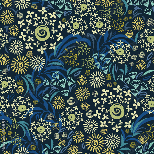 Fényképezés Ditsy blue and yellow flowers seamless pattern, botanical background