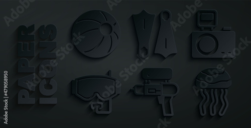 Set Water gun, Photo camera with flash, Diving mask, Jellyfish, Rubber flippers for swimming and Beach ball icon. Vector