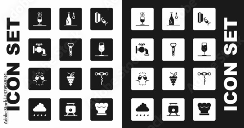 Set Wine tasting, degustation, Bottle opener, Tap for barrel, glass, temperature, corkscrew and icon. Vector