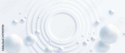Top view of simple empty white circle podium stage background. Futuristic technology design. Abstract parametric interior. Blank opened 3D illustration mock-up. White building pale geometric pattern.
