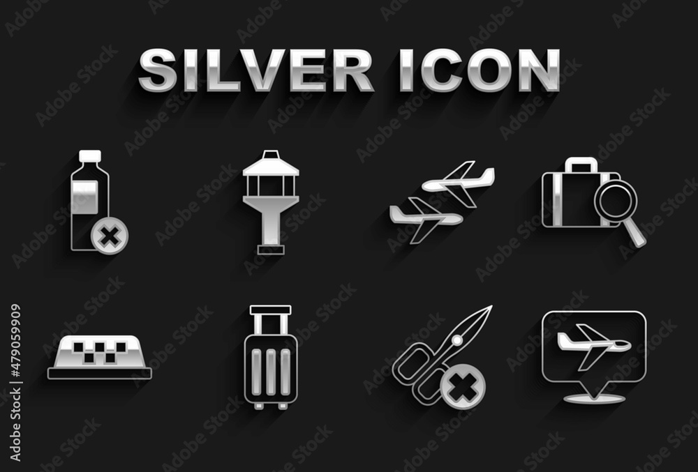 Set Suitcase, Lost baggage, Plane, No scissors, Taxi car roof, water bottle and Airport control tower icon. Vector Set Suitcase, Lost baggage, Plane, No scissors, Taxi car roof, water bottle and Airport control tower icon. Vector