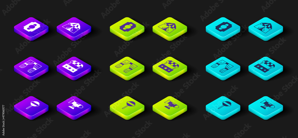 Set Lollipop, Swing plane, Circus curtain raises, Ticket box office, tent and ticket icon. Vector Set Lollipop, Swing plane, Circus curtain raises, Ticket box office, tent and ticket icon. Vector