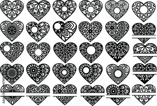 Vector Floral Mandala Heart Templates for Paper, Laser,  Vinyl  Cut	
